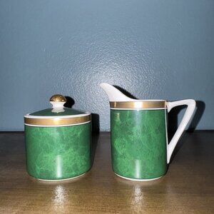Vintage Japanese Otagiri Malachite Design Green Creamer Sugar Set